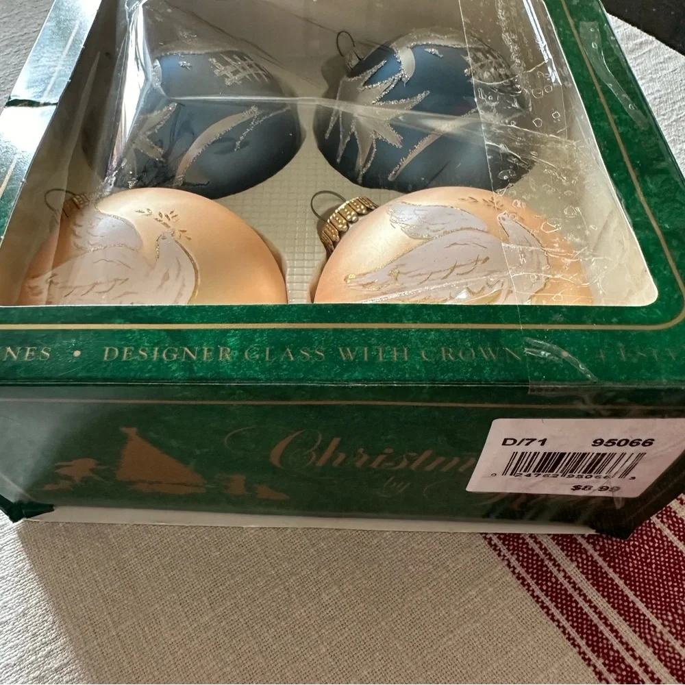 Vintage Set 4 Christmas By Krebs Blue Gold Glitter Glass Ball Ornaments Crowns - Picture 9 of 11